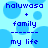 Pixelated blue text on light blue background with circular shapes, showing 'haluwaso + family' above dashed line and 'my life' below.