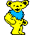 A 4x3 contact sheet of pixelated yellow bear animation frames with blue scarf, showing sequential walking poses and flower props against gray background.