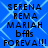 Blue background with light blue diamond pattern, black pixelated text reading 'SERENA REMA MARIAH bffs FOREVA!!!' repeated twice in a