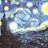 A four- of a stylized night sky with swirling clouds, yellow stars, and a dark tree silhouette; bottom-right shows a black heart icon