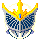 Pixelated icon with golden crown, blue and white shield-like design, and yellow accents on gray background.