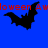 Blue background with red text and three black bat silhouettes in different poses, one of which is animated.