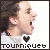 Pixelated profile of a person with dark hair and light skin, wearing a white shirt, with a black heart symbol and stylized text below.