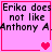 Pixelated text reads "Erika does not like Anthony A" on pink background with red borders; heart symbols change across four