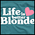 A static contact sheet of two animated frames showing a pixelated text-based icon with "Life is better Blonde" and a heart symbol on a teal background.