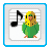 Pixelated icon shows yellow-headed green-bodied bird with orange feet standing beside black eighth note on white background with blue border.