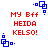 Red text reads 'MY Bff HEIDA KELSO!' with blue pixelated shapes on white background; four identical frames show static composition.