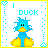 Pixelated blue duck with yellow beak and feet sits in a white frame bordered by cyan dots, displaying 'I ❤️ DUCK' text above it.