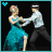 Animated sequence of a couple dancing, woman in teal dress with feathered texture, man in light blue shirt and dark pants, heart symbols changing color.