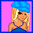 Pixel art contact sheet of a blue-themed female character with blonde hair, showing full body and partial views across four frames on pink background.