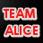 A four- displays text and imagery: red 'TEAM ALICE' on black, a woman with brown hair in blue denim, a pink circular icon with white cursor on maroon, and empty gray space