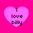 Four pink hearts on a bright pink background display "i love billy" text with varying pixelation levels.