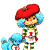Pixelated cartoon character with red beret, blue hair, and striped outfit holding a guitar-like instrument against white background.