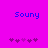 Pixelated blue text 'Souny' on bright pink background with two of purple and pink heart shapes below