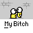 Animated contact sheet of 25 sampled frames showing a yellow stick figure character performing various actions with another white-headed figure, all labeled "My Bitch" below each frame on a gray background.