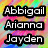 Pixelated text names 'Abbigail', 'Arianna', and 'Jayden' in white block letters on black rectangular backgrounds against a multicolored pixelated backdrop.
