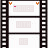 Pixelated icon set with multiple variations of text and symbols in pink, orange, yellow, and red on white backgrounds within filmstrip borders.