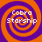Four identical spiral patterns in orange and purple with 'Cobra Starship' text overlaid in white pixelated font.
