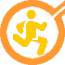 Yellow stick figure in orange circular frame performing running, standing, and object-holding poses with red dots above head.
