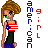 Pixel art of a female character with brown curly hair, green eyes, and a patriotic tank top, standing against a white background with vertical text.