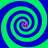 Four identical spiral patterns with alternating blue and green rings, each containing a pink "PO" text element at the center.