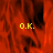 Red and black abstract background with yellow 'O.K.' text in three positions, one section gray.