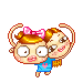 Pixel art of two cartoon girls with brown hair in buns, pink bows, and blue dresses with pink hearts, showing various expressions and pink heart effects.