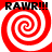 Four identical red and white spiral patterns arranged in a with black text reading "RAW!!!" above each spiral