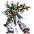 Four pixelated mecha poses with green, yellow, and red accents on silver armor against a gray background.