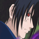 Anime character with black hair and red eyes in profile view, wearing blue clothing, with purple energy effects appearing and fading across the face.