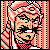 Pixelated static icon of a historical figure with stylized facial features, rendered in red and beige tones against a black background with vertical striped borders.