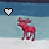 Animated buddy icon featuring a red cartoon moose with gray legs standing on white snow against blue sky, showing two frame variations of the heart symbol above it.