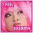 Pixelated pink-toned image with text "I FEEL" top-left and "DREAMY" bottom-right, featuring a blurred face with visible eyes and lips.