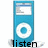 Blue iPod-like device with white circular control and screen, overlaid text 'listen to your heart' in black pixelated font.