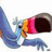 Pixelated cartoon character with blue body and orange beak extends arm toward dark circular opening on white background, next to blue with pink text