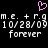 Pixelated pink heart symbol above white text on black background, displaying 'm.e. + r.gm.e. + r.g' with dates '10/28/09' and 'forever' repeated twice.
