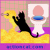 Animated sequence showing a black cat reaching toward a yellow bird near a toilet, with background and text at bottom