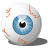 Pixelated eye icon with blue iris, black pupil, and red bloodshot veins on white sclera; gray shadow beneath.