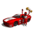 Red race car with white stripes and driver holding golden trophy, animated sequence showing motion blur effects.
