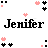Animated pixel art featuring the name 'Jenifer' in bold black text with pink and black decorative elements moving around it.
