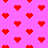 Red pixelated hearts on a bright pink background with scattered broken heart fragments in the lower-left quadrant.