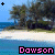 Pixelated beach scene with blue water, white sand, and dark green trees under a light blue sky; pink text reading "Dawson" appears below the image.