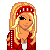 Pixel art of a blonde female character in red and white cheerleading attire with a headband, red boots, and a heart-shaped belt buckle, standing against a gray background.