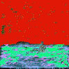 Animated sequence showing a landscape with red sky, green terrain, and blue sky transitioning to a figure on orange grass, followed by swirling blue and green patterns.