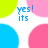 Pixelated icon with overlapping colored circles and blue text fragments on a white background, featuring partial phrases like 'yes! its', 'meee Geeee!', and 'x333'.