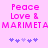 Pixelated text reads Peace Love & MARIMETA in bright pink on light purple background with two of small blue and purple hearts below