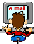Pixelated character with brown hair in red shirt and blue pants sits at desk typing on keyboard, facing gray monitor displaying 'e-mail' text.