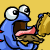 Animated contact sheet of a blue cartoon character eating brown food from golden plates against yellow background with gray transparency area.