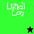 Pixelated text "Lyndi Lou" on green and black backgrounds with star symbols, displayed in a