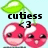 Two red cherry-shaped characters with white highlights and brown eyes, one smiling broadly while the other has a neutral expression beneath green leaves and black text reading 'cuteness 3' on light blue background.